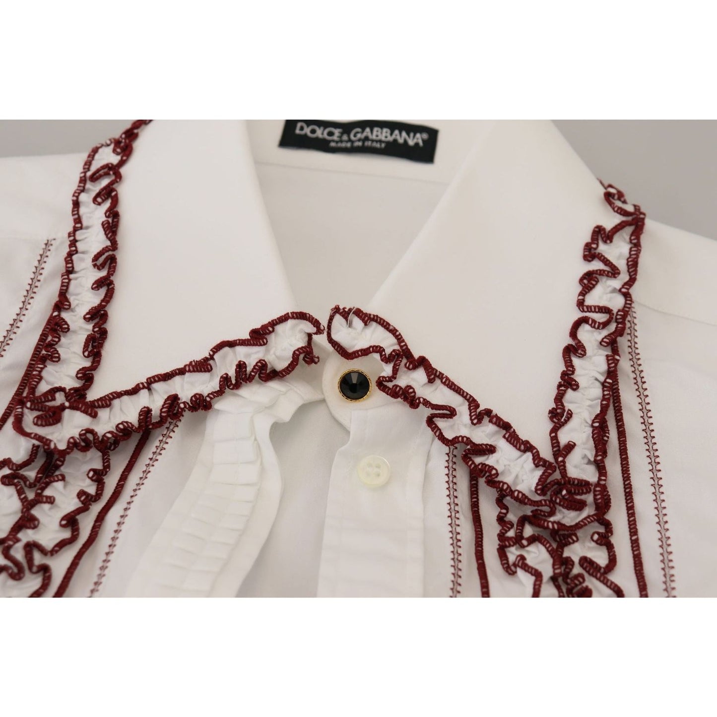 Dolce & Gabbana Elegant White Cotton Polo Top white-lace-long-sleeves-ruffle-collar-top
