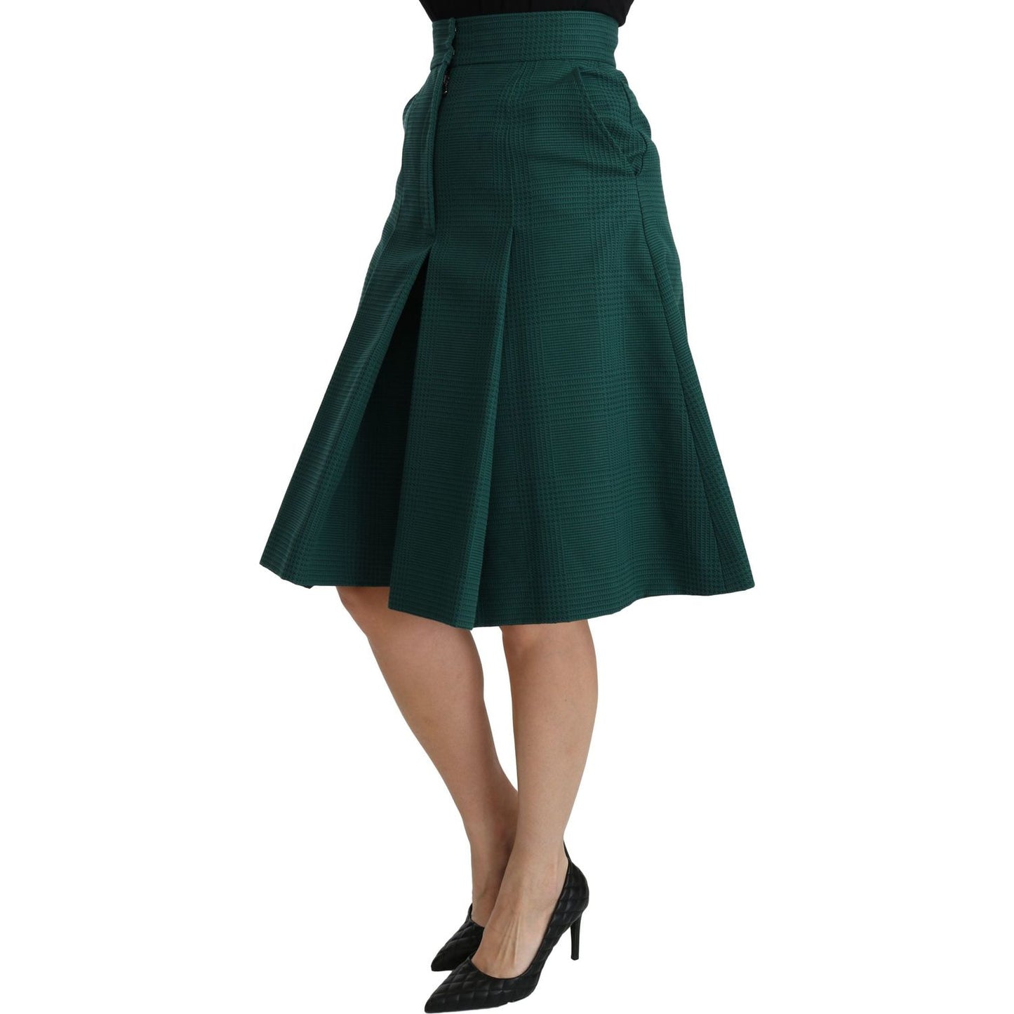 Dolce & Gabbana Elegant High Waist Knee Length Skirt green-pleated-a-line-high-waist-cotton-skirt
