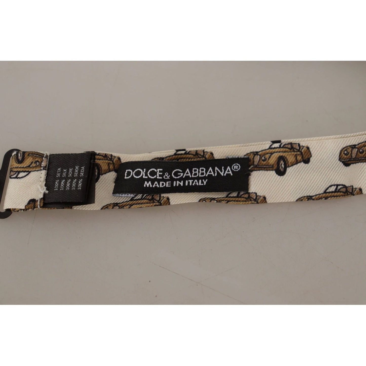 Dolce & Gabbana Elegant Car Print Silk Bow Tie white-orange-car-print-adjustable-neck-papillon-bow-tie