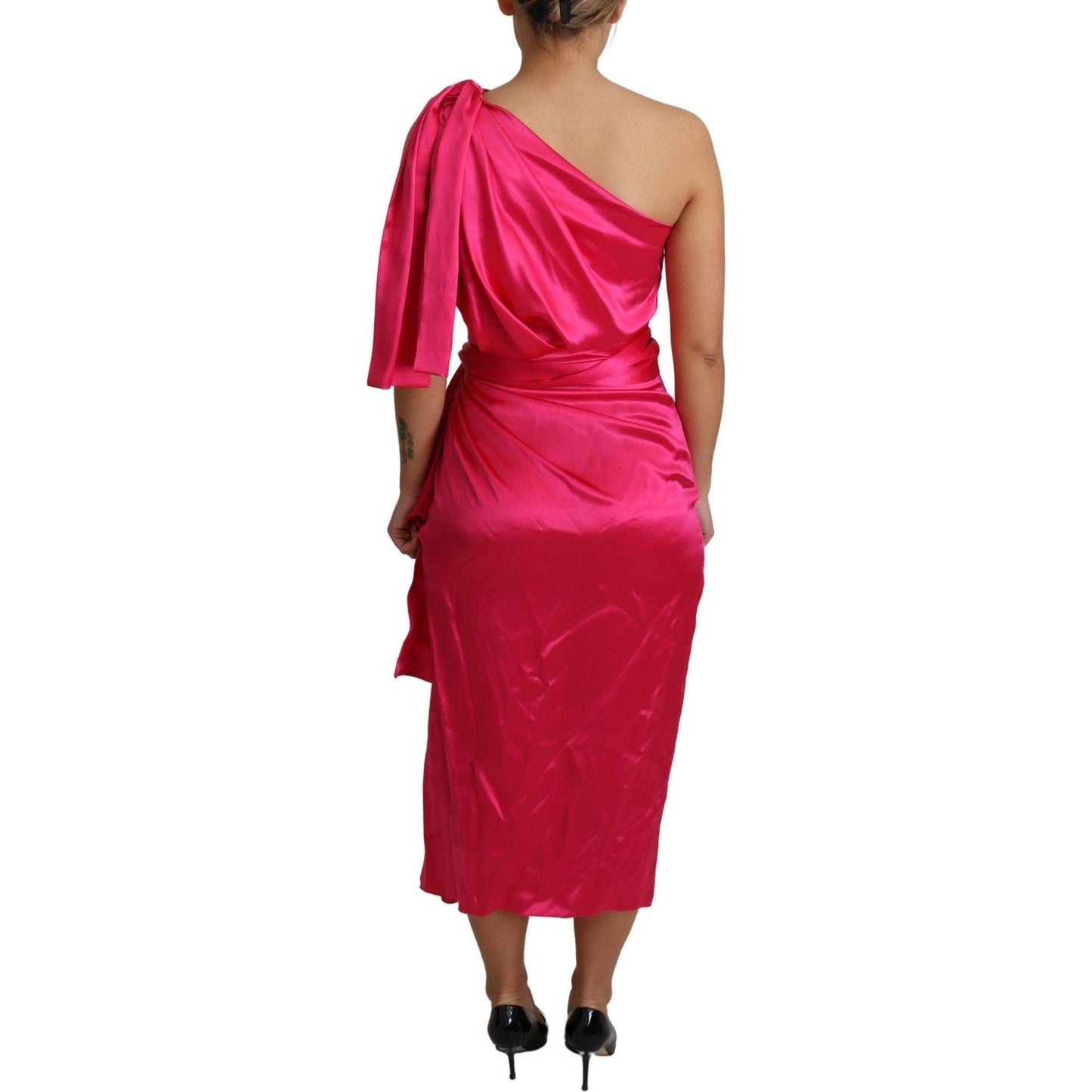 Dolce & Gabbana Elegant Fuchsia Silk One-Shoulder Wrap Dress dress-pink-fitted-cut-one-shoulder-midi-dress