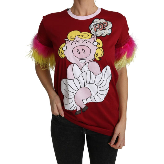 Dolce & Gabbana Chic Red Pig Print Crew Neck T-Shirt red-pig-print-feather-sleeves-t-shirt-top