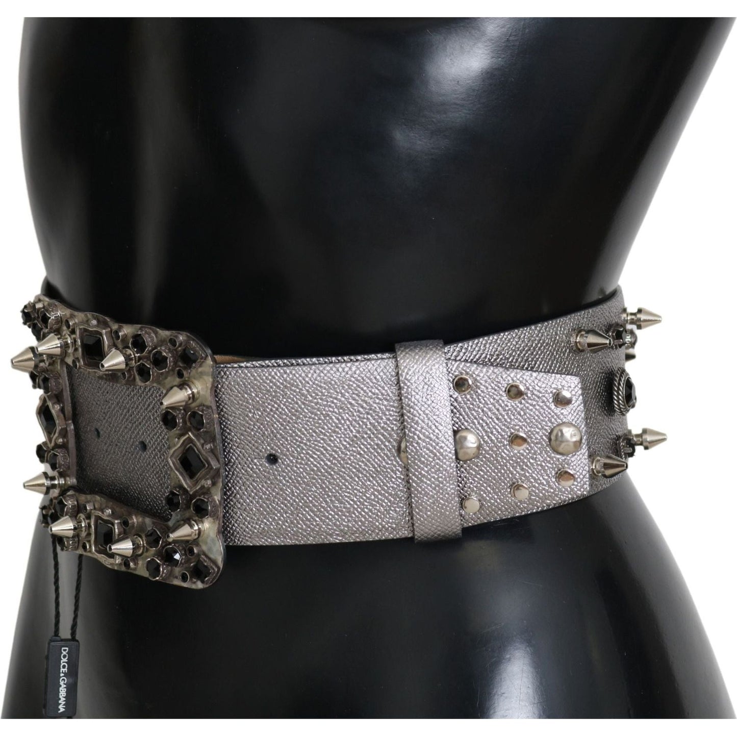 Dolce & Gabbana Stunning Silver Leather Crystal-Studded Belt silver-leather-crystal-stud-logo-buckle-belt