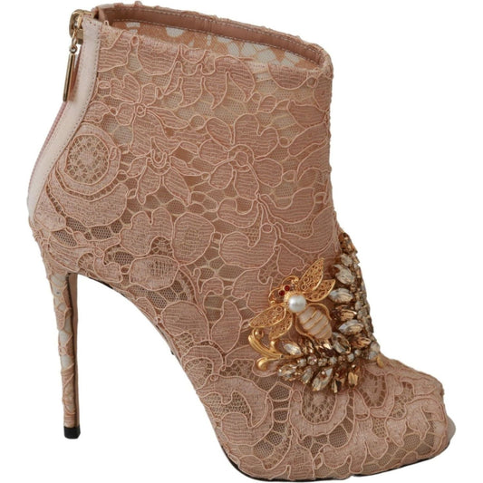 Dolce & Gabbana Elegant Lace Stilettos with Crystal Accents pink-crystal-lace-booties-stilettos-shoes
