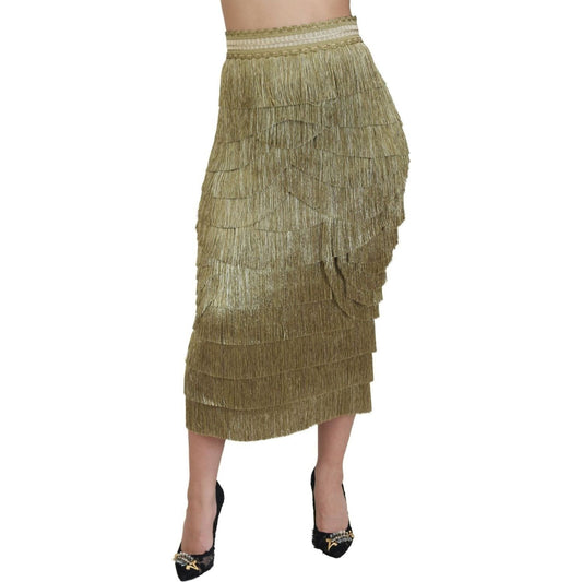 Dolce & Gabbana Golden High Waist Tiered Midi Skirt gold-tiered-metallic-fringed-midi-silk-skirt