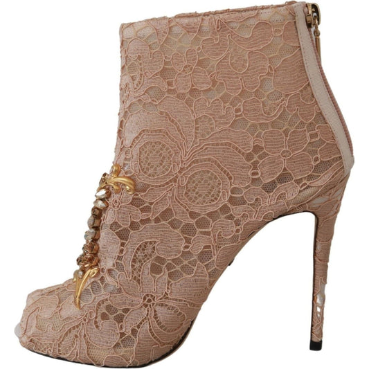 Dolce & Gabbana Elegant Lace Stilettos with Crystal Accents pink-crystal-lace-booties-stilettos-shoes