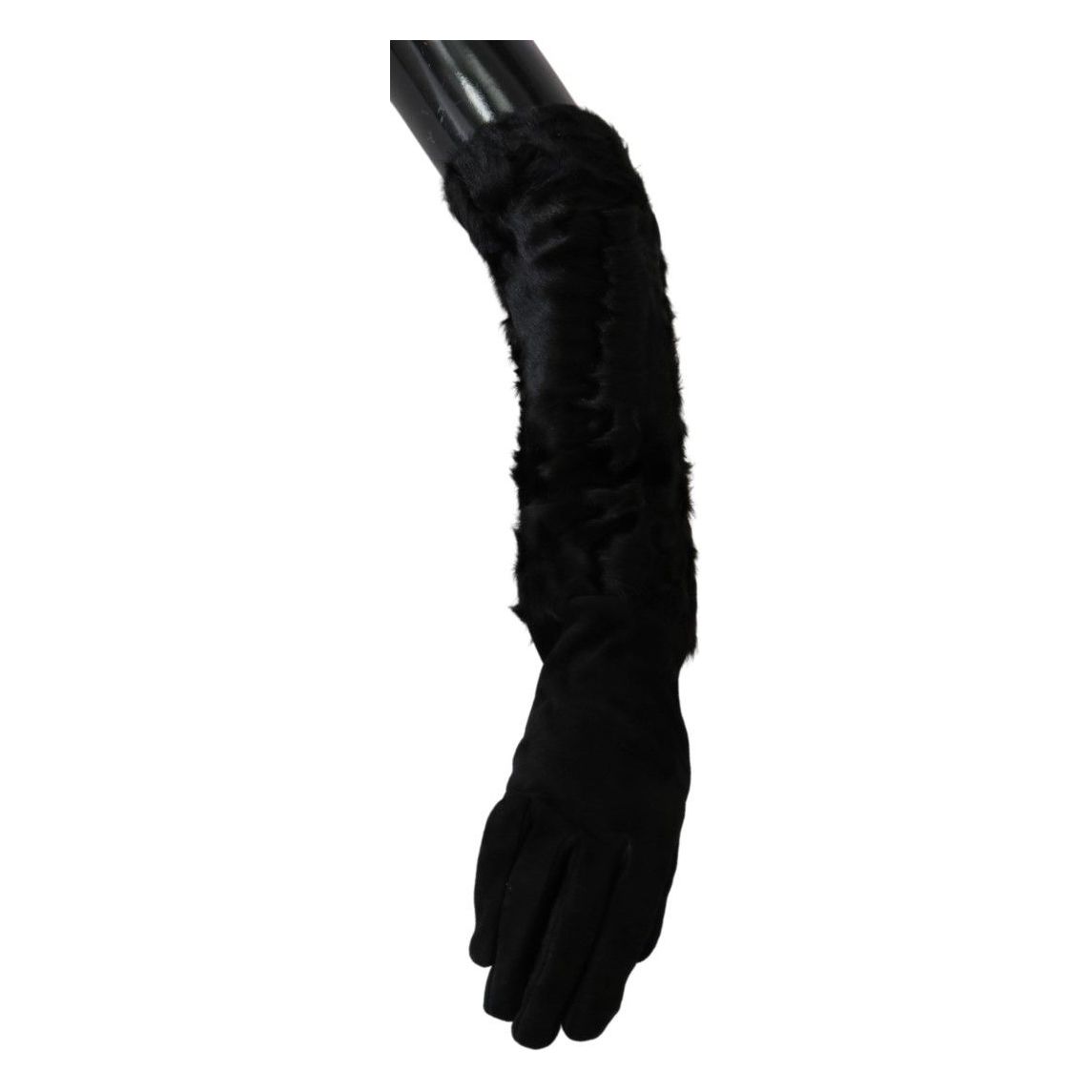 Dolce & Gabbana Elegant Elbow Length Suede Gloves black-elbow-length-mitten-suede-fur-gloves