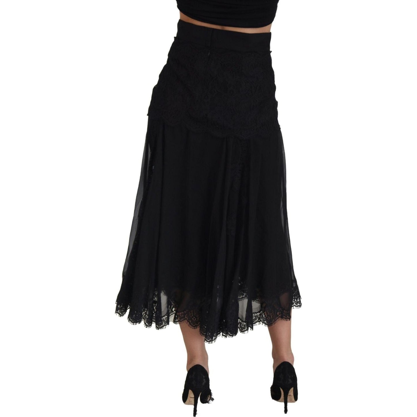 Dolce & Gabbana Elegant High-Waist Midi Silk-Blend Skirt black-silk-lace-trim-high-waist-midi-skirt