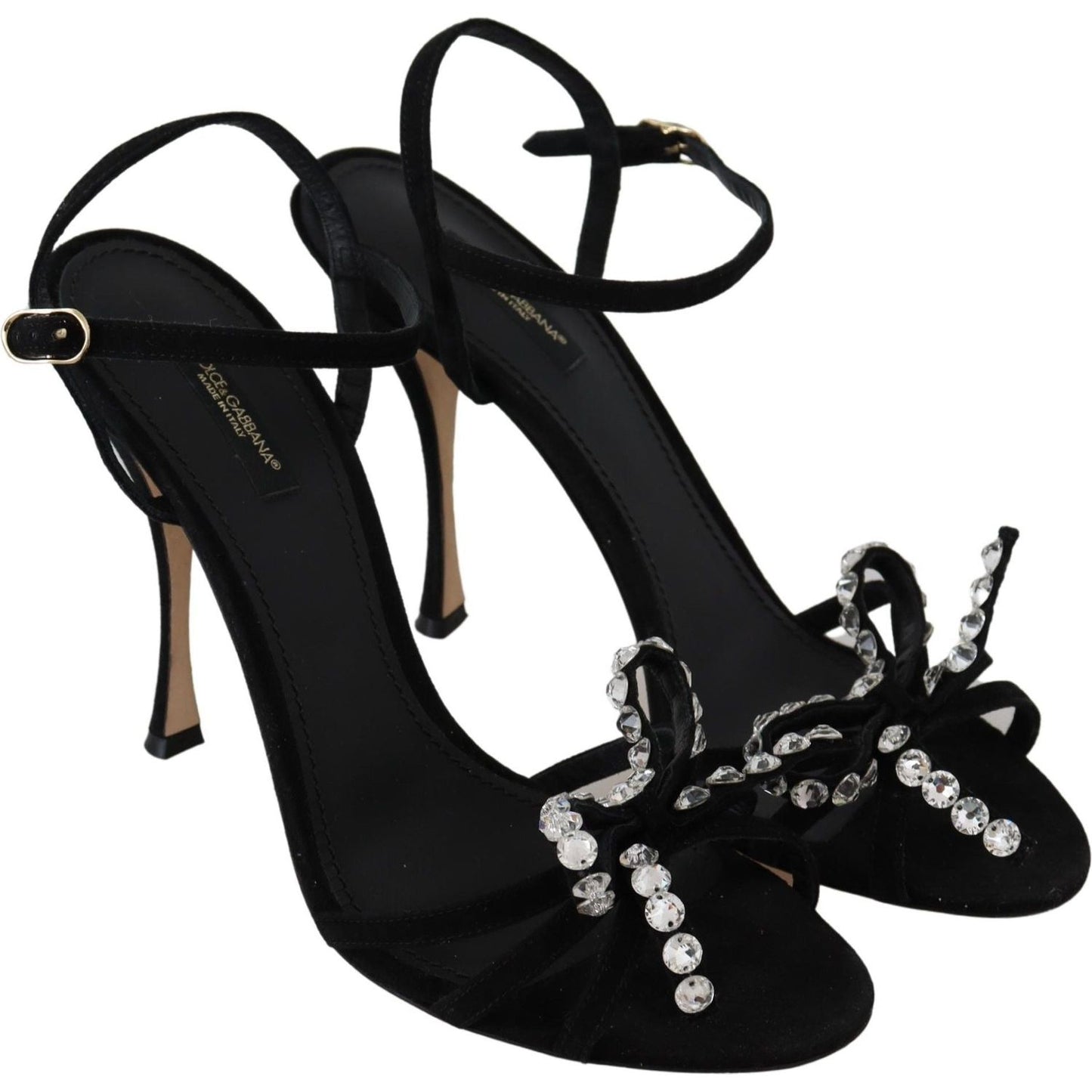 Dolce & Gabbana Elegant Suede High Sandals with Crystal Bows black-suede-crystals-heels-sandals-shoes