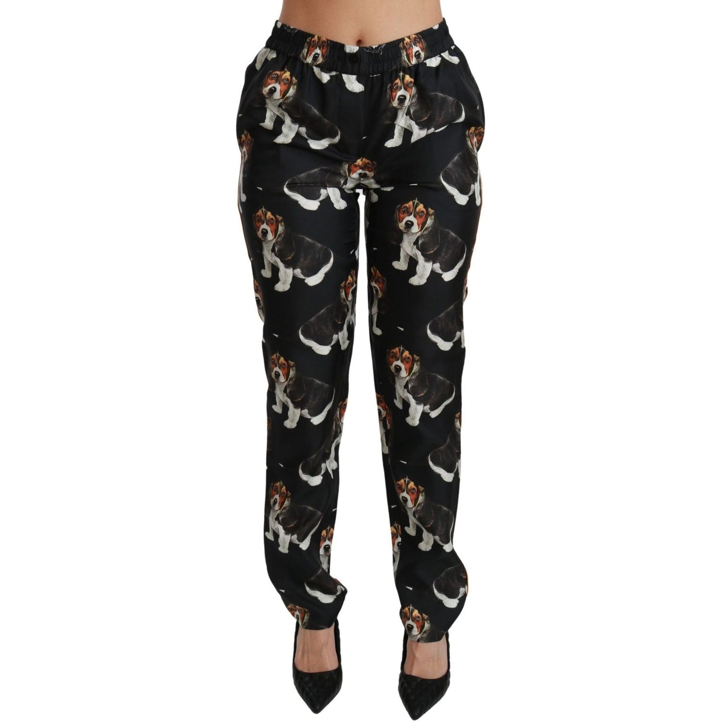 Dolce & Gabbana Elegant Silk Puppy Dog Print Pants black-puppy-dog-mid-waist-skinny-silk-pants