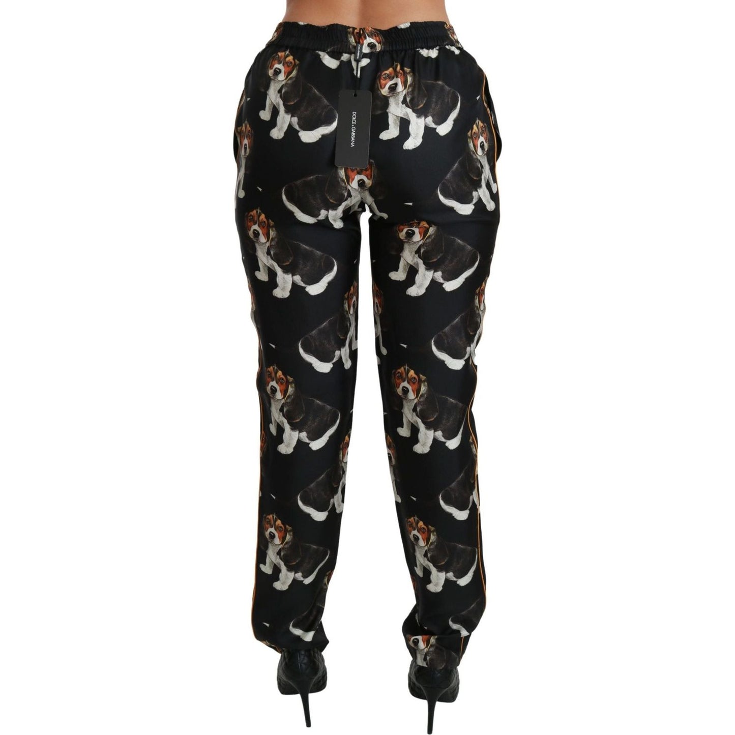 Dolce & Gabbana Elegant Silk Puppy Dog Print Pants black-puppy-dog-mid-waist-skinny-silk-pants