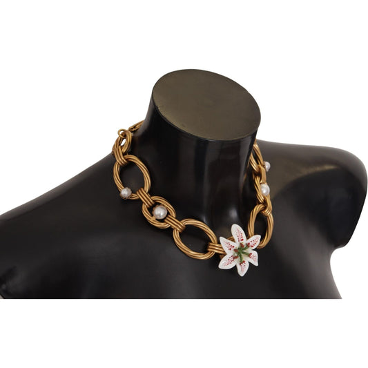 Dolce & Gabbana Elegant Gold Lilly Flower Pendant Necklace gold-white-lily-floral-chain-statement-necklace WOMAN NECKLACE