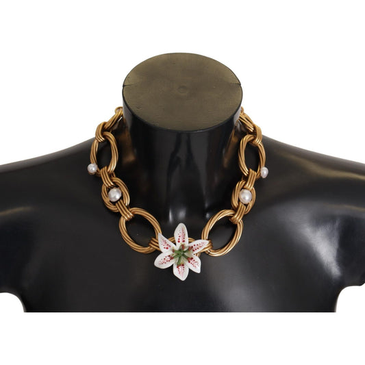 Dolce & Gabbana | Gold White Lily Floral Chain Statement Necklace WOMAN NECKLACE | McRichard Designer Brands