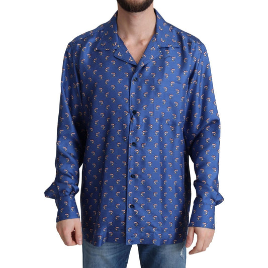 Dolce & Gabbana Silk Beach Chair Print Casual Shirt blue-beach-chair-umbrella-print-silk-shirt