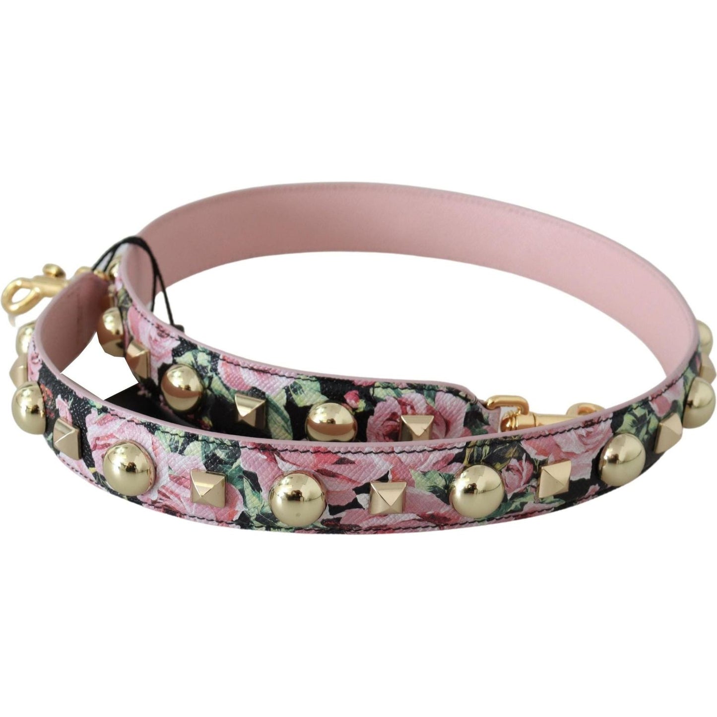 Dolce & Gabbana Floral Gold Stud Leather Strap in Pink pink-floral-gold-studs-bag-accessory-shoulder-strap