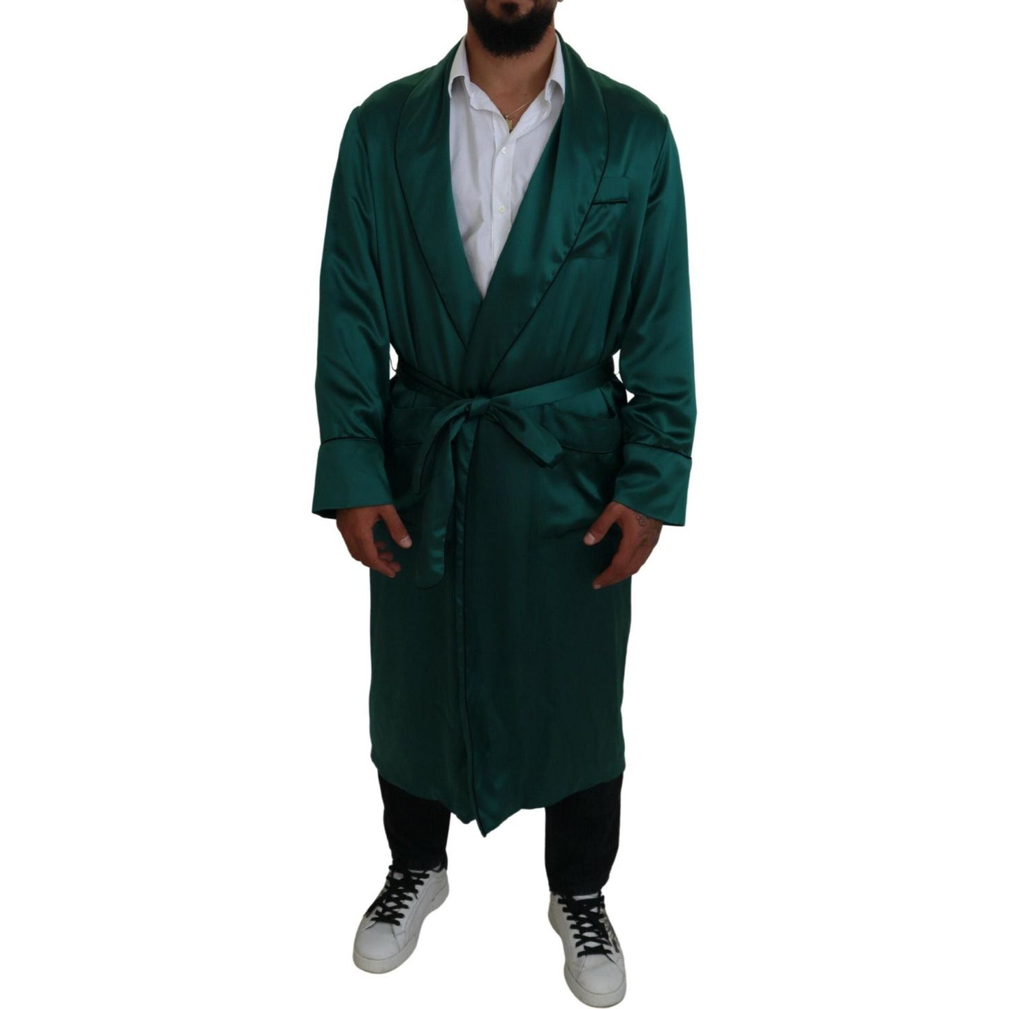 Dolce & Gabbana Elegant Silk Robe in Lush Green green-silk-waist-belt-robe-sleepwear
