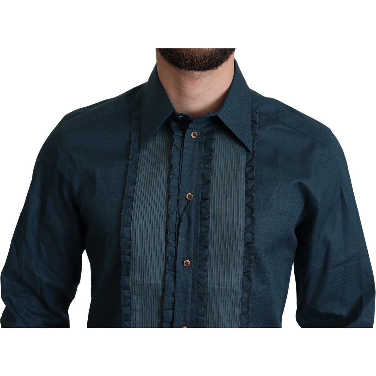 Dolce & Gabbana Elegant Blue Ruffled Tuxedo Shirt blue-placket-cotton-dress-formal-shirt