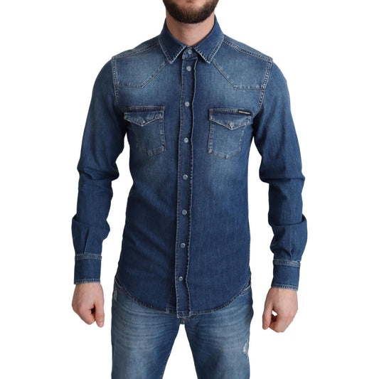 Dolce & Gabbana Elegant Denim Long Sleeve Casual Shirt blue-cotton-stretch-long-sleeves-denim-shirt IMG_4045-scaled-fd8986ff-5b7.jpg