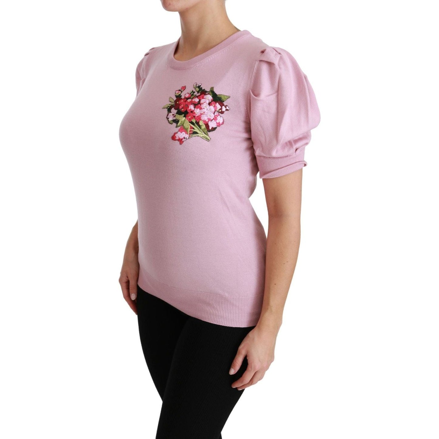Dolce & Gabbana Elegant Embroidered Virgin Wool Blouse pink-floral-embroidered-blouse-wool-top
