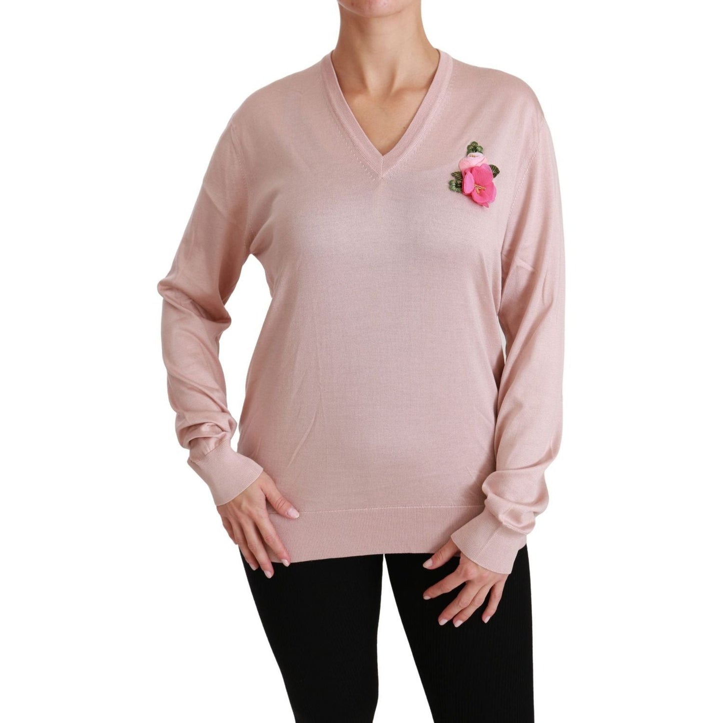 Dolce & Gabbana Pink Floral Silk V-Neck Sweater pink-floral-embellished-pullover-silk-sweater