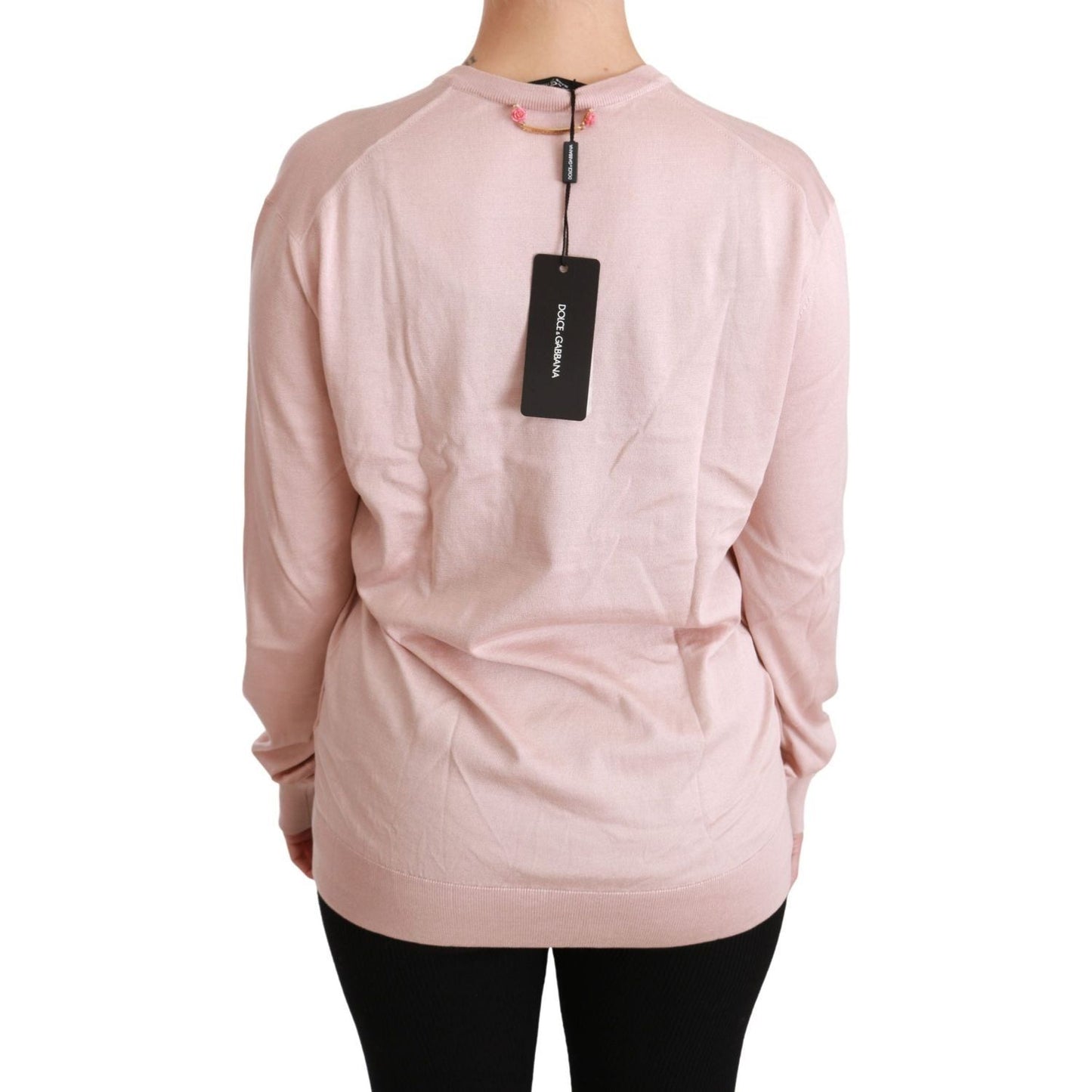 Dolce & Gabbana Pink Floral Silk V-Neck Sweater pink-floral-embellished-pullover-silk-sweater