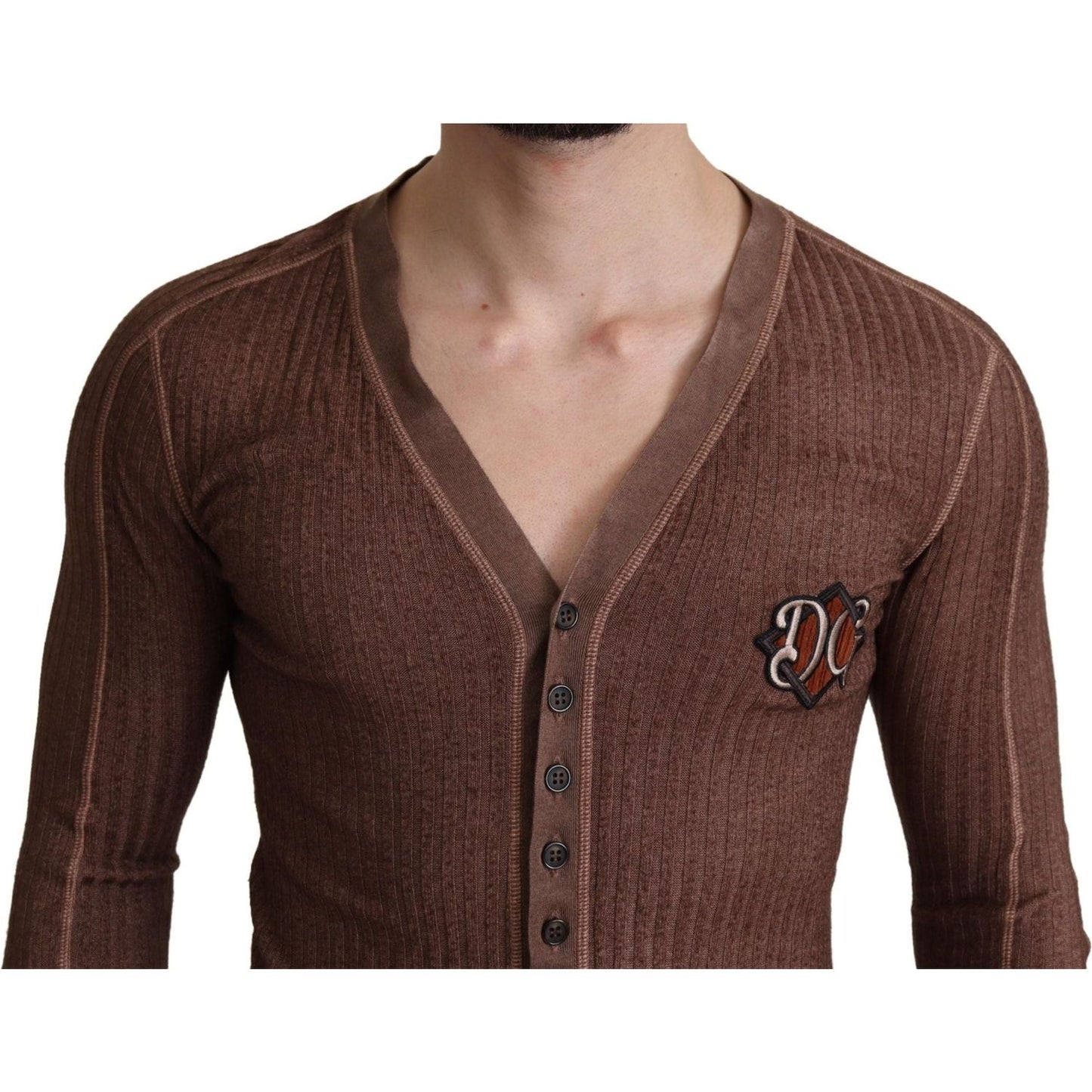 Dolce & Gabbana Brown Logo Button Cardigan V-neck Sweater brown-logo-button-cardigan-v-neck-sweater IMG_4099-scaled-2059d6f0-8a9.jpg