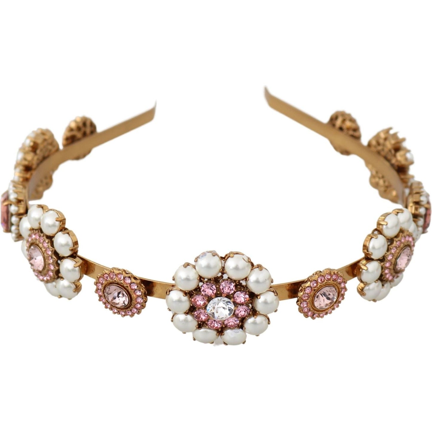 Dolce & Gabbana Elegant Crystal Pearl Diadem Headpiece gold-tiara-crystal-floral-pearl-headband-logo-diadem
