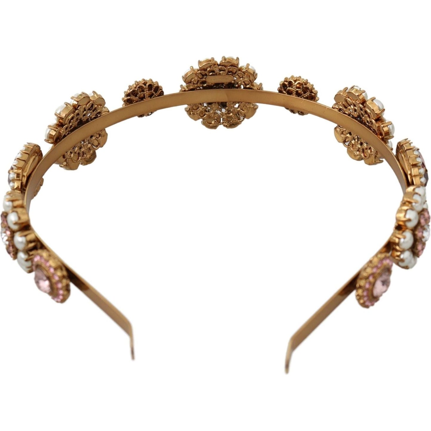 Dolce & Gabbana Elegant Crystal Pearl Diadem Headpiece gold-tiara-crystal-floral-pearl-headband-logo-diadem