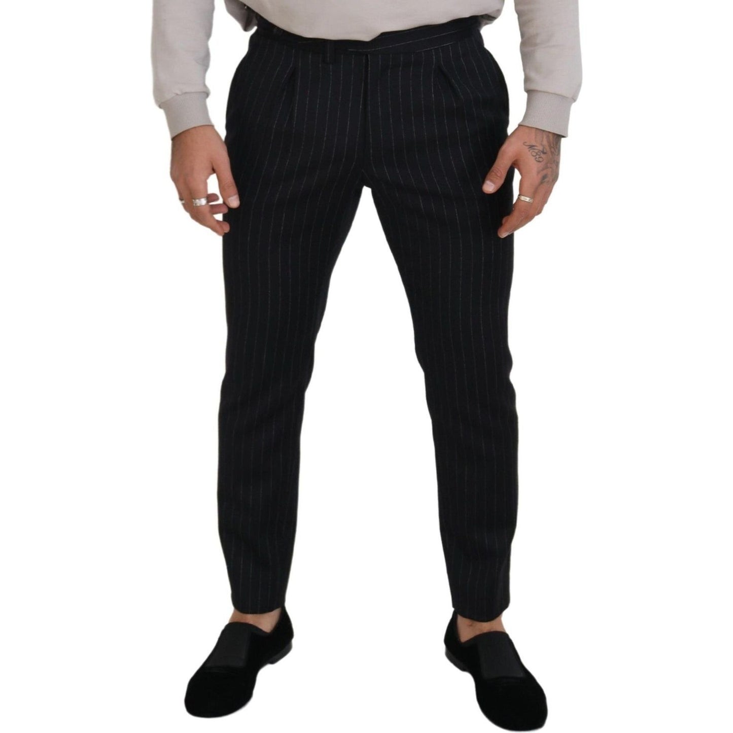 Dolce & Gabbana Elegant Black Striped Wool Blend Trousers black-wool-striped-chino-pants