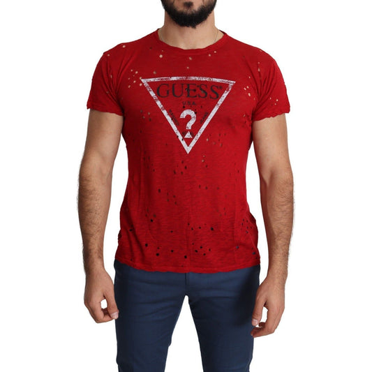 Guess Radiant Red Cotton Tee Perfect For Everyday Style red-cotton-logo-print-men-casual-top-perforated-t-shirt-1