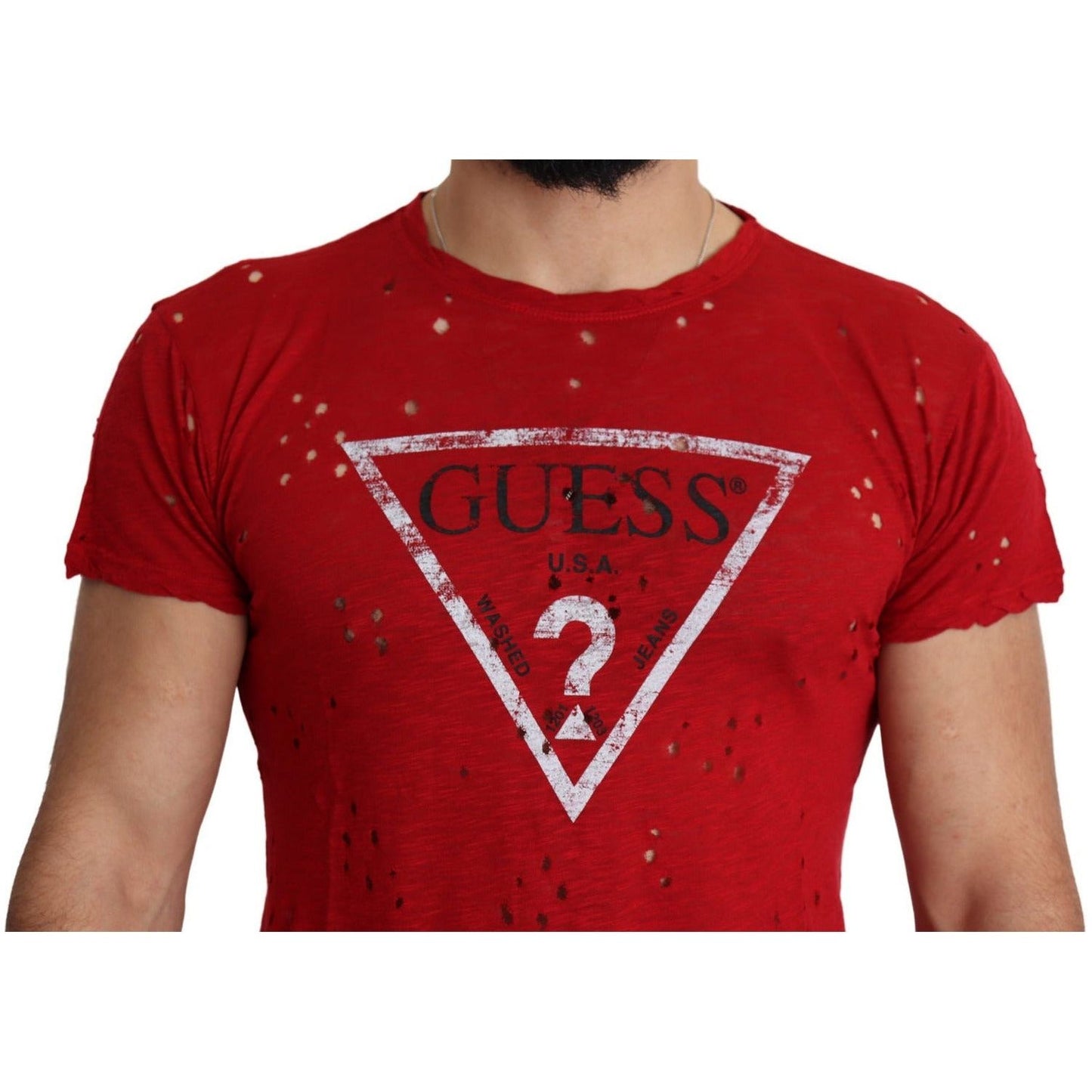 Guess Radiant Red Cotton Stretch T-Shirt red-cotton-logo-print-men-casual-top-perforated-t-shirt