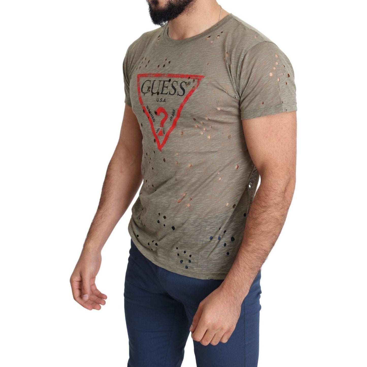 Guess Chic Brown Cotton Stretch Tee brown-cotton-stretch-logo-print-men-casual-perforated-t-shirt-3