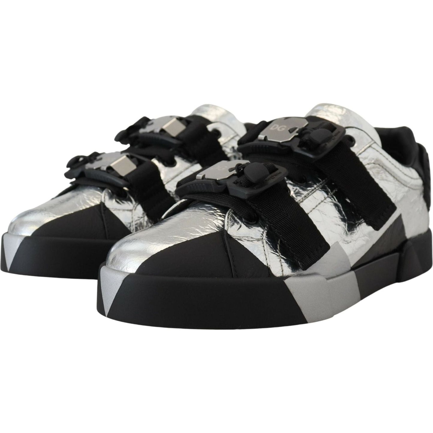 Dolce & Gabbana Exclusive Silver and Black Low Top Leather Sneakers black-silver-leather-low-top-sneakers-casual-shoes