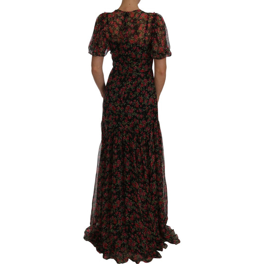 Dolce & Gabbana Elegant Floral A-Line Silk Dress black-floral-roses-a-line-shift-gown