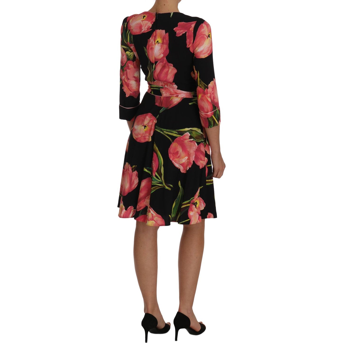 Dolce & Gabbana Elegant Black Shift Dress with Pink Tulips Print black-pink-tulip-print-stretch-shift-dress
