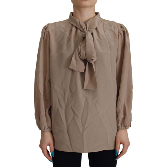Dolce & Gabbana Elegant Silk Ascot Collar Blouse brown-waistband-sleeves-ascot-collar-top-blouse