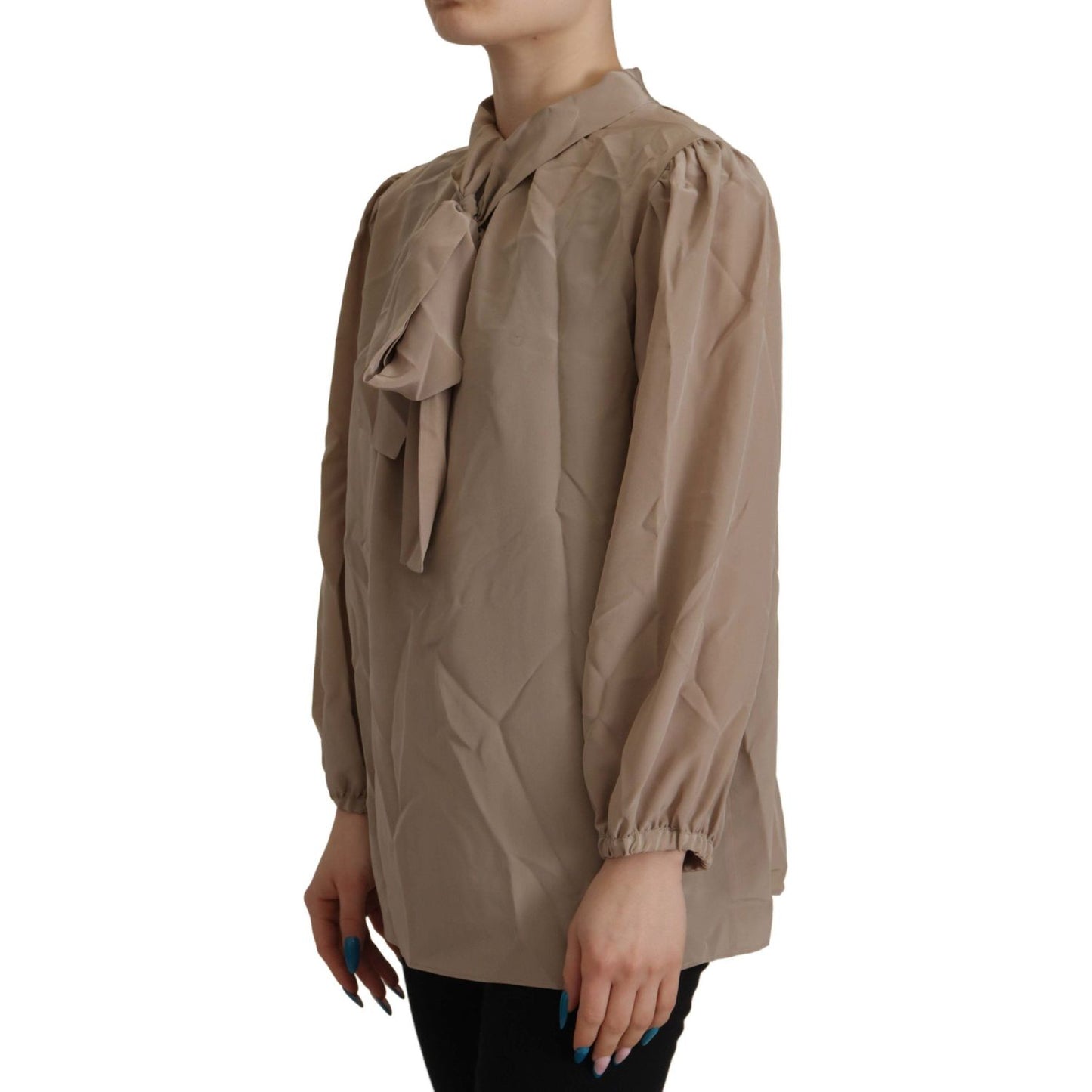 Dolce & Gabbana Elegant Silk Ascot Collar Blouse brown-waistband-sleeves-ascot-collar-top-blouse