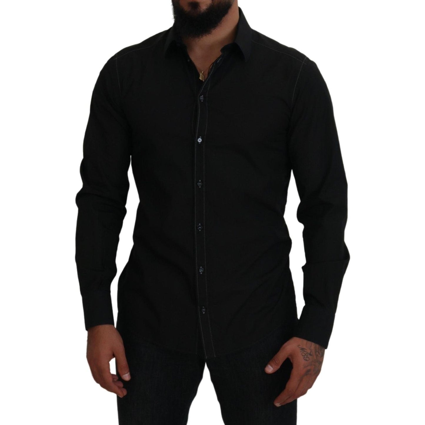 Dolce & Gabbana Elegant Black Formal Cotton Shirt black-cotton-collared-long-sleeve-gold-shirt-1 IMG_4403-395658f6-c27.jpg