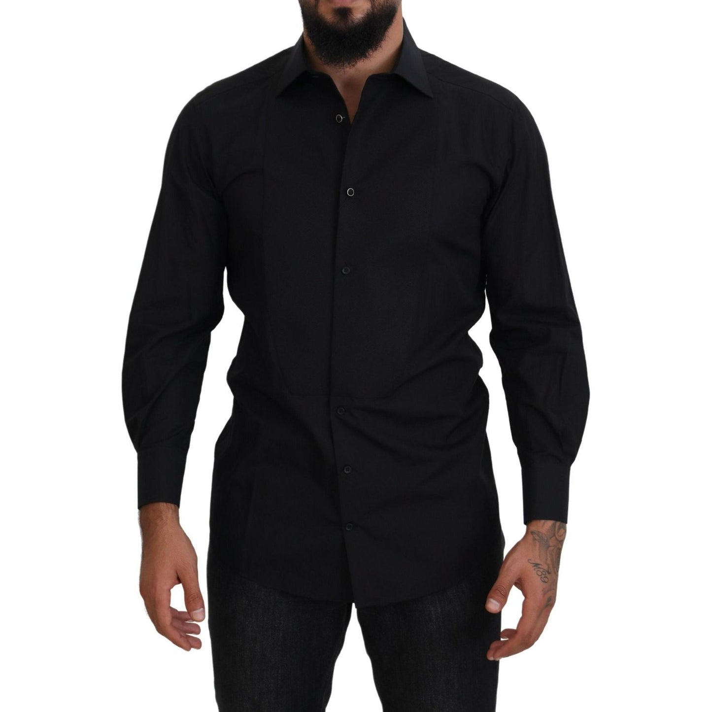 Dolce & Gabbana Elegant Black Formal Long Sleeve Shirt black-gold-cotton-collared-long-sleeve-shirt
