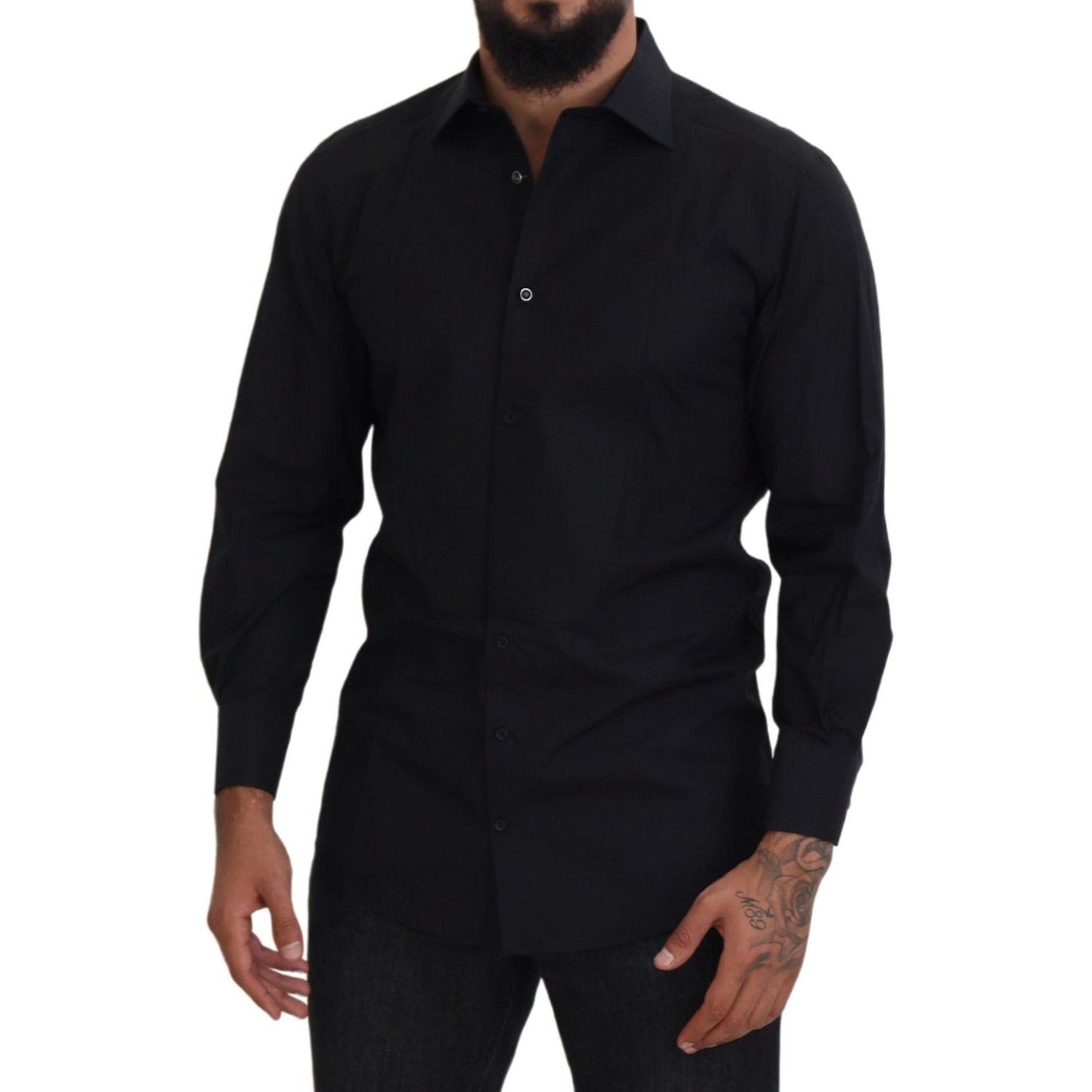 Dolce & Gabbana Elegant Black Formal Long Sleeve Shirt black-gold-cotton-collared-long-sleeve-shirt IMG_4490-9aac06db-f0d.jpg