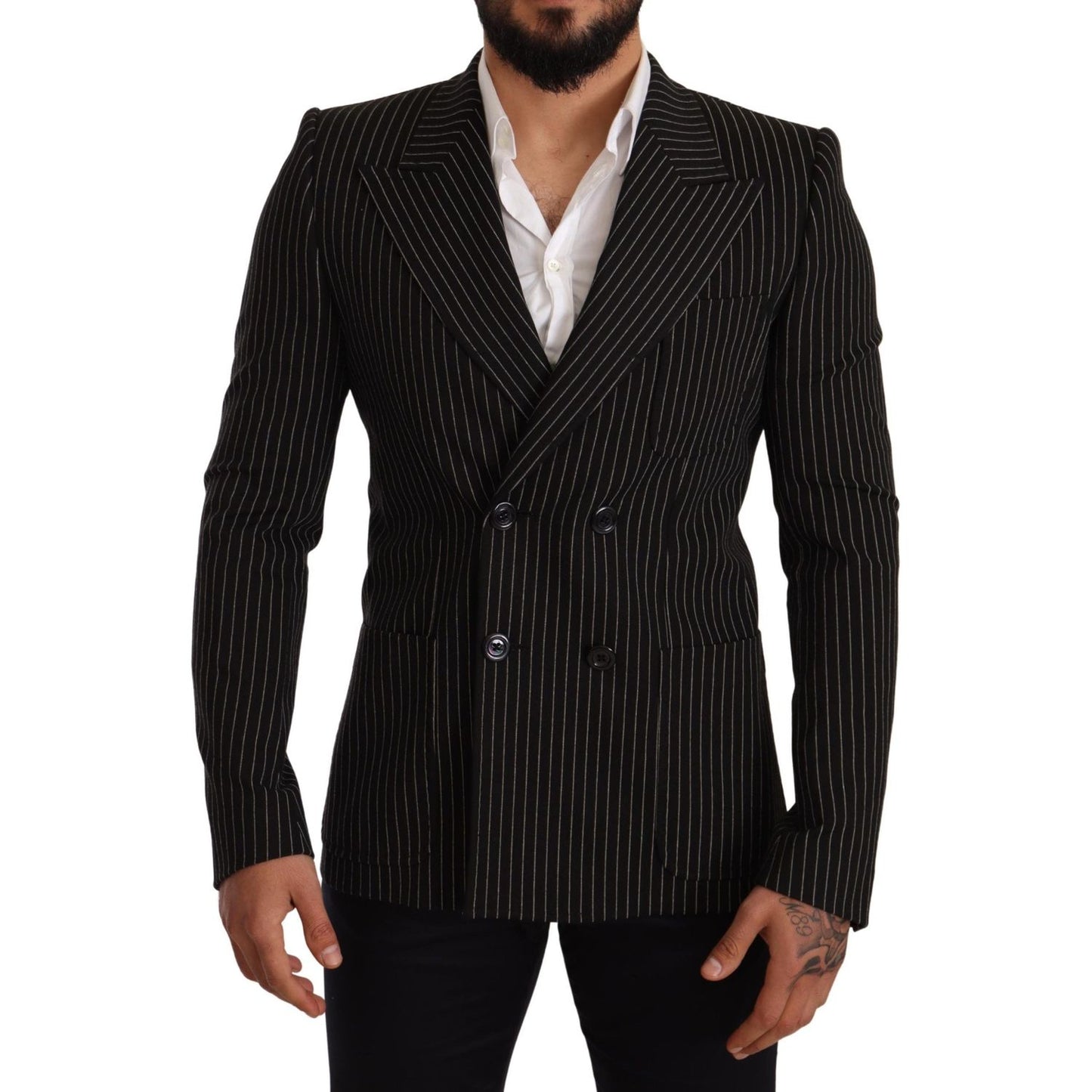 Dolce & Gabbana Elegant Striped Wool Blazer with Silk Lining black-white-striped-slim-fit-coat-blazer