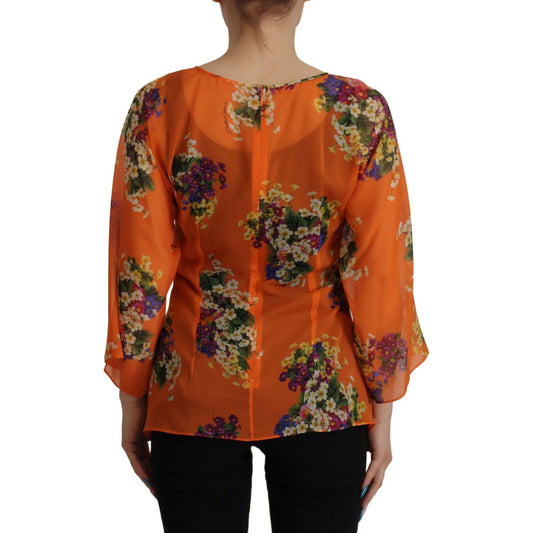 Dolce & Gabbana Elegant Floral Silk Blouse with Back Zipper orange-floral-print-long-sleeve-blouse