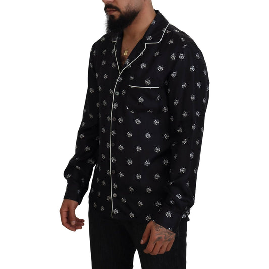 Dolce & Gabbana Exclusive Silk Pajama Top with Classic Print black-printed-collared-men-long-sleeve-pajama-top