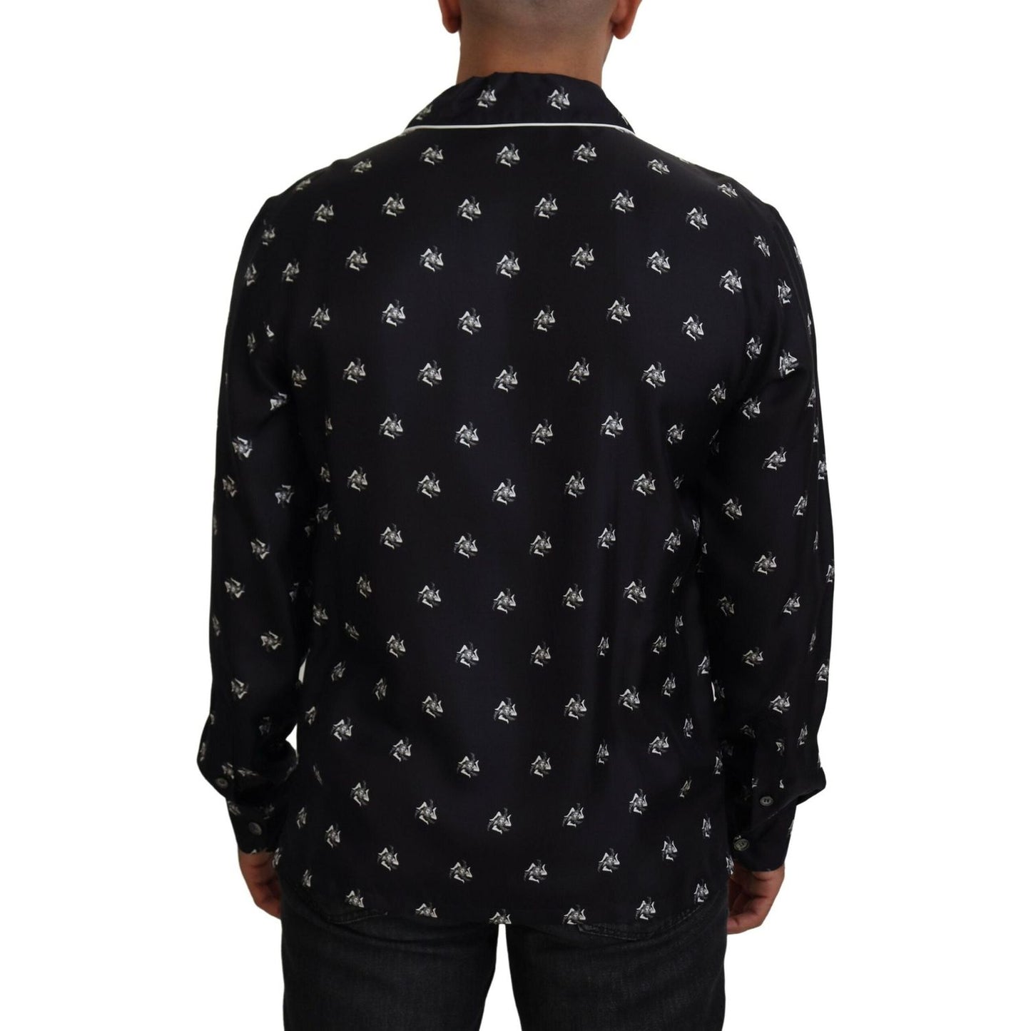 Dolce & Gabbana Exclusive Silk Pajama Top with Classic Print black-printed-collared-men-long-sleeve-pajama-top