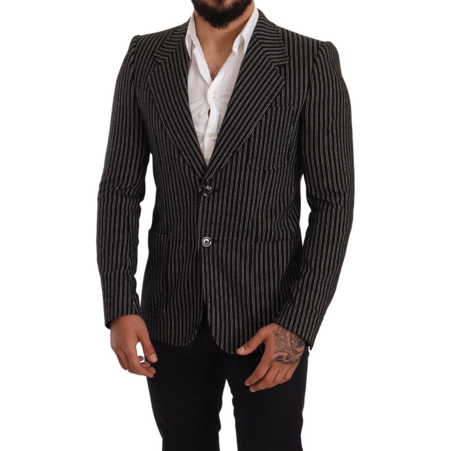 Dolce & Gabbana Elegant Black Striped Virgin Wool Blazer black-striped-slim-fit-wool-coat-blazer