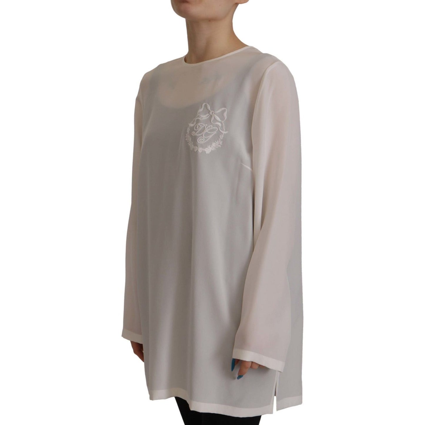 Dolce & Gabbana Elegant Silk Top with Logo Embroidery white-silk-dg-logo-embroidered-long-sleeves-blouse