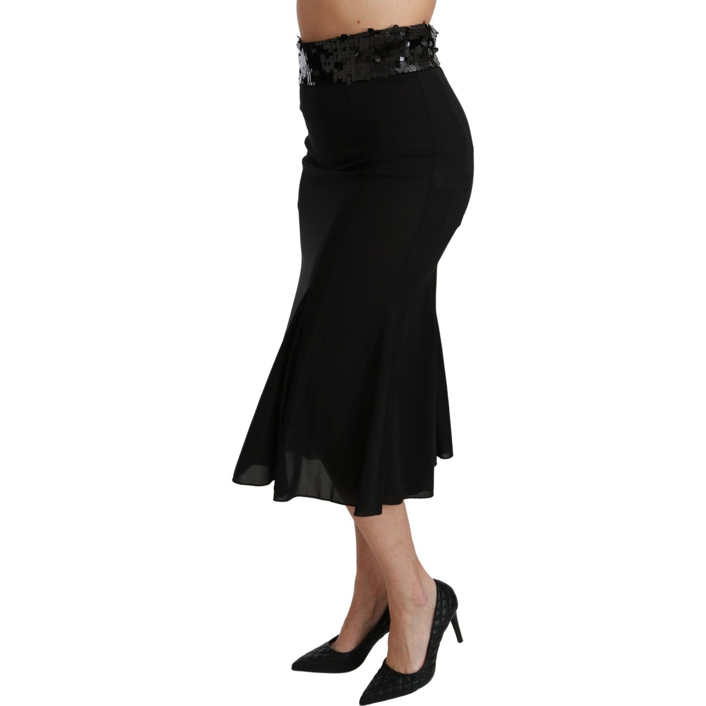 Dolce & Gabbana Elegant High Waist Sequin Black Skirt black-high-waist-mermaid-midi-silk-skirt