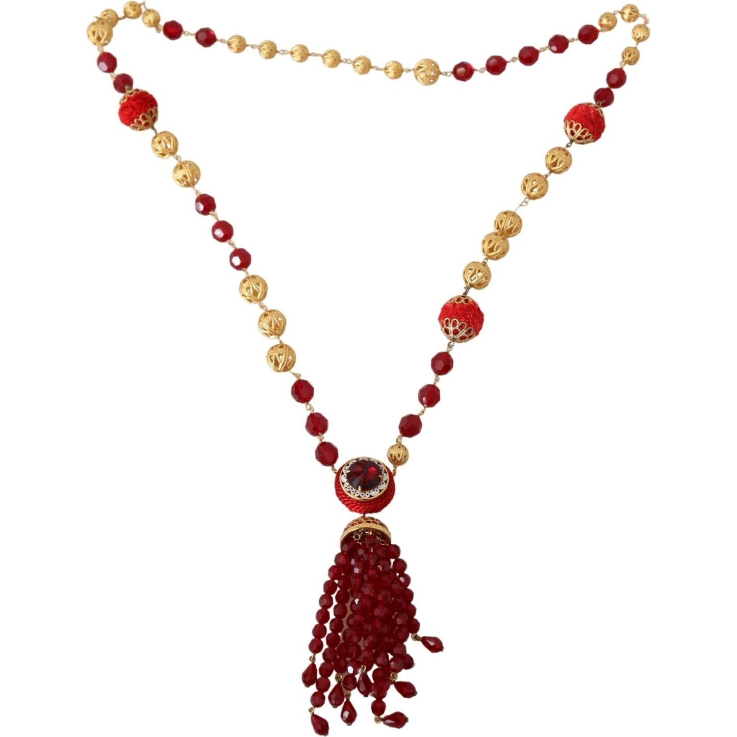 Dolce & Gabbana Elegant Red Crystal Gold-Plated Necklace Necklace gold-tone-brass-red-crystals-pendant-opera-chain-necklace