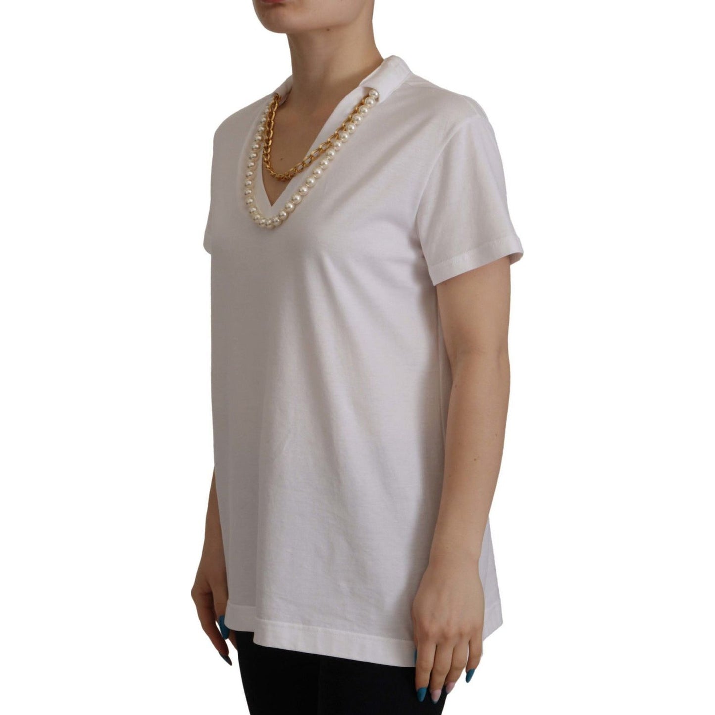 Dolce & Gabbana Stunning V-Neckline Logo Embellished Tee white-necklace-embellished-neckline-t-shirt-top