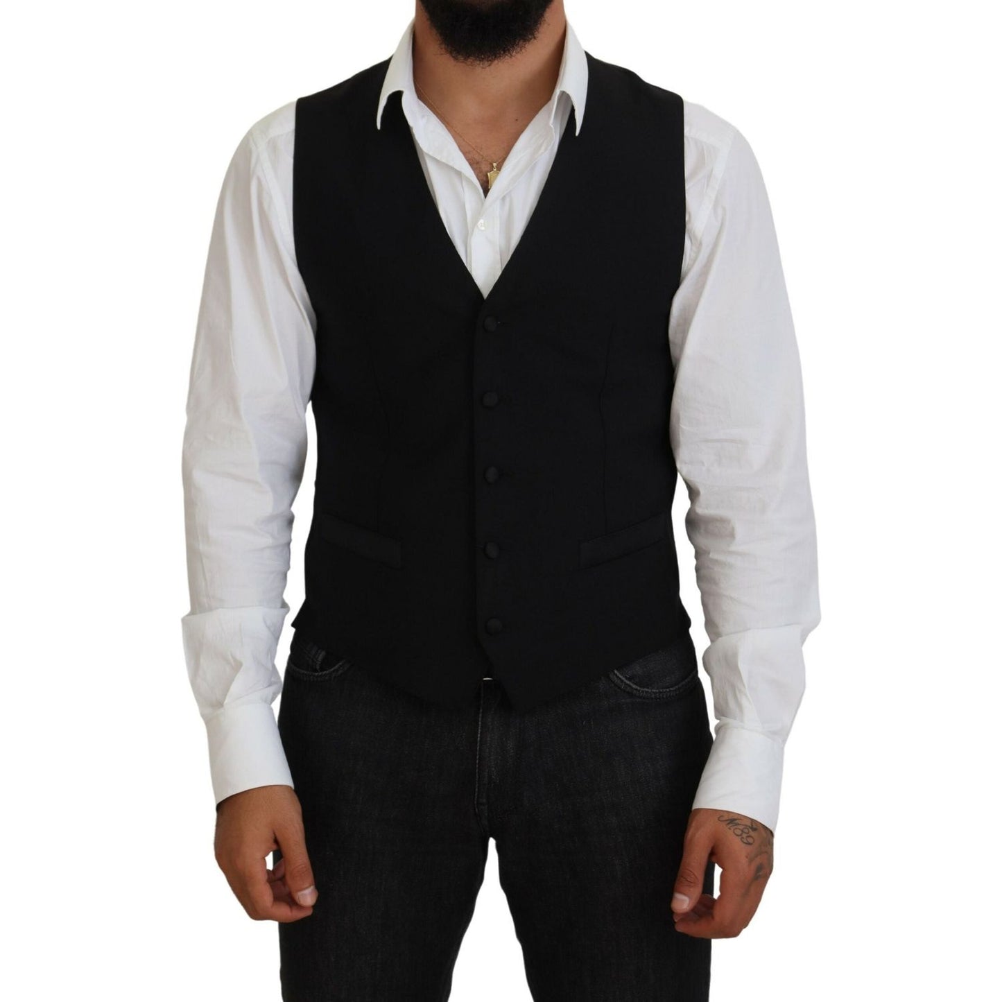 Dolce & Gabbana Elegant Black Formal Dress Vest black-virgin-wool-waistcoat-formal-vest