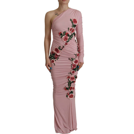Dolce & Gabbana Elegant Pink One Shoulder Bodycon Dress pink-flower-embellished-one-shoulder-dress IMG_4828-scaled-fc1247c2-e9c.jpg